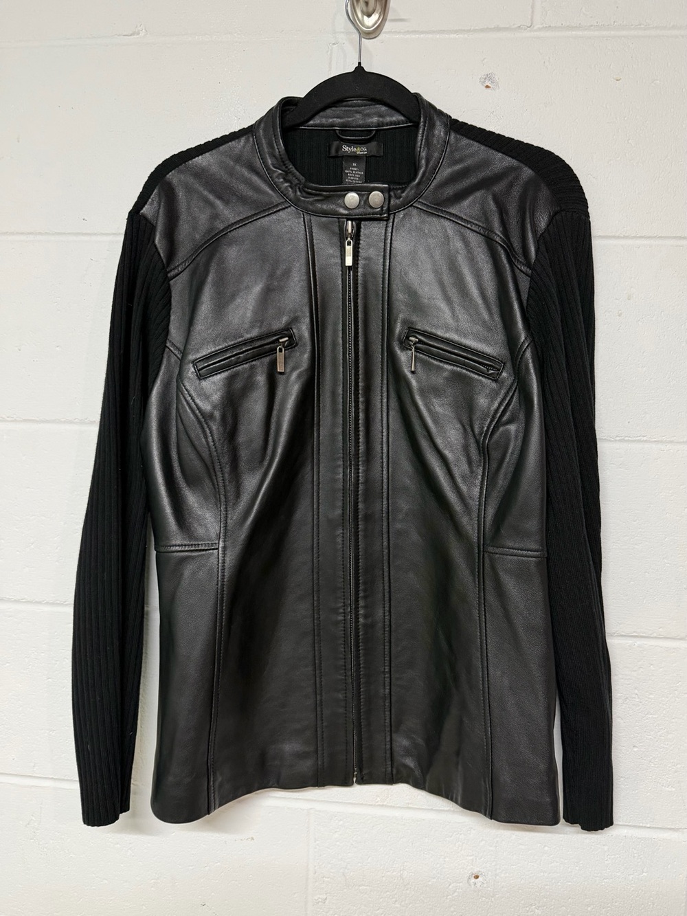 Style & Co. Black Leather-Front Jacket with Knit Sleeves